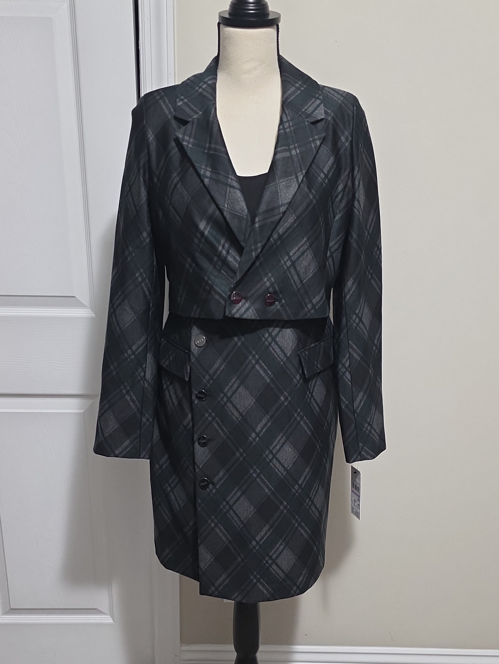 DKNY Asymmetrical Blazer Style Plaid Dress Green Grey Gray Black Size 6 P Petite